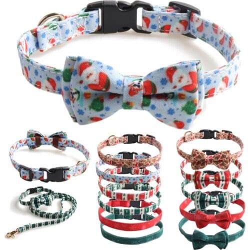 Christmas Pet Collar Leash Cat Goats Collier Chain Bow Accessories Snowflake Santa Claus Red for Small Large Teddy Chihuahua