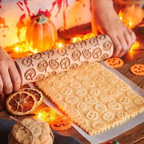 Pumpkin print Embossing Rolling Pin Baking Cookies Noodle Biscuit Fondant Cake Dough Engraved Roller Reindeer Snowflake 35*5cm
