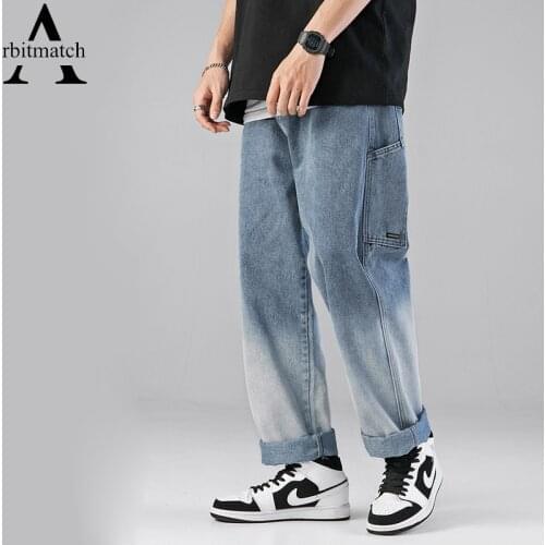 Arbitmatch Hip Hop Loose Jeans Men Wide Leg Pants Gradient Embroidery Stitching Long Trousers Harajuku Oversize Denim Pants