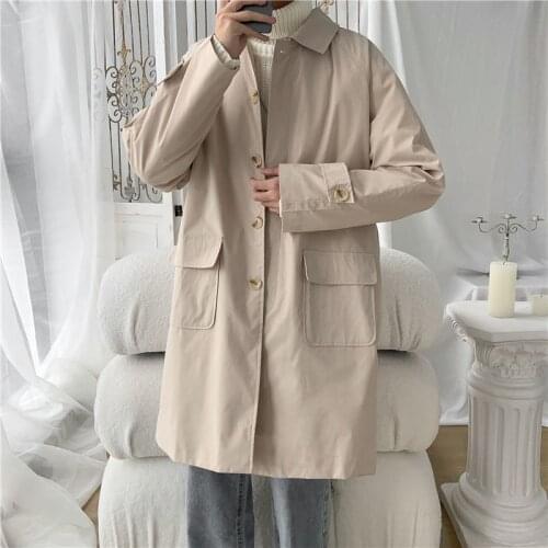 Large Size Trench Coat Mens Fashion Casual Black Beige Long Coat Men Streetwear Loose Windbreaker Jacket Mens Overcoat M-5XL