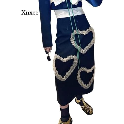 Heart-Shaped Midi Skirts Casual Black Patchwork Ruffle Long Skirt Y2K Women High Waist Colorblock Slim Female Autumn Bottoms