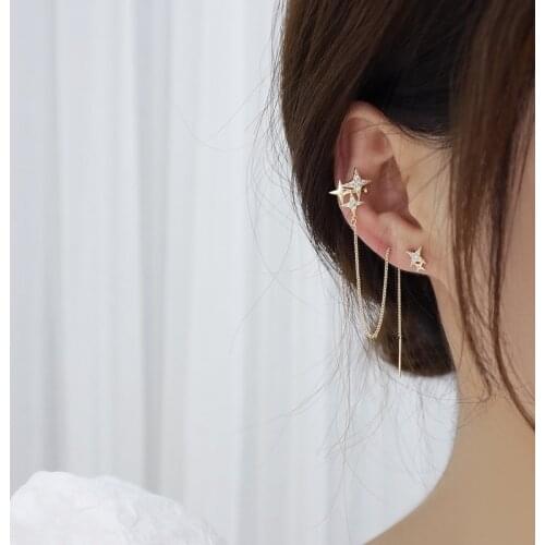 Exquisite Gold Plated Geometric Zircon Star Ear Line Earring for Women Handmade Asymmetrical Earring Korean Fashion Jewelry