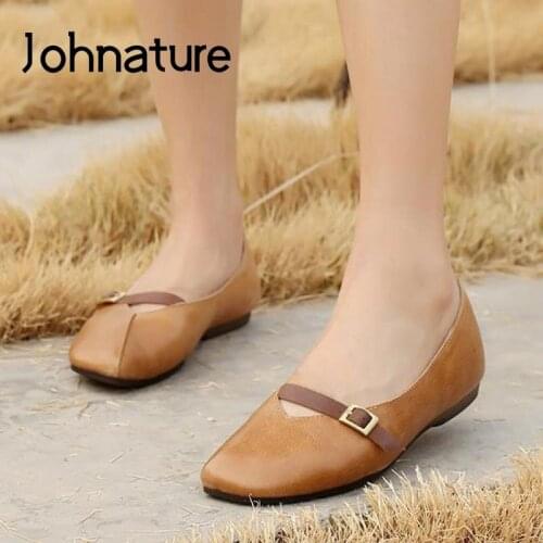 Johnature Genuine Leather Flats Women Shoes 2021 New Retro Spring/Autumn Handmade Round Toe Concise Shallow Leisure Ladies Shoes
