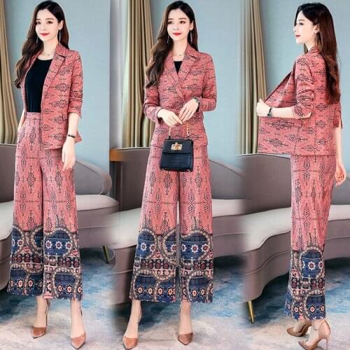 Womens Casual Floral Printed Blazer2 Pieces Set Suit V-Neck Wiped Kimono Loose Pajama Jacket +Trousers Two Piece Suits