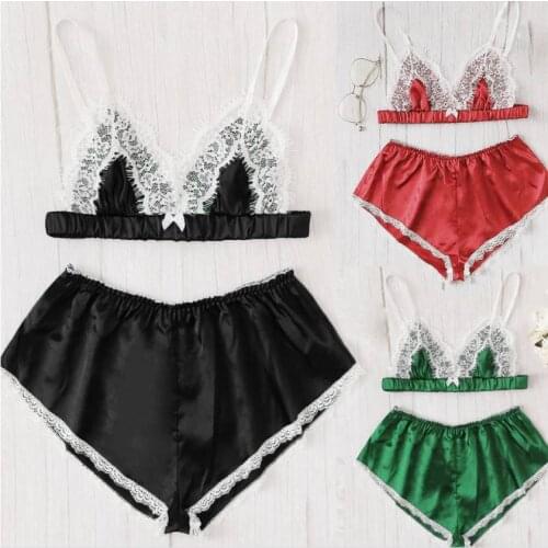Women Underwear Pajamas Set Silk Sexy Lace Splice Stain Sleepwear Pyjamas V-neck Bra+Shorts Summer Erotic Lingerie Mujer