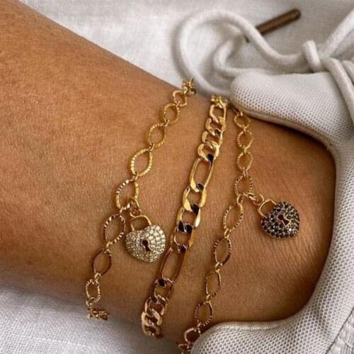 3 Pcs/Set Simple Women Anklets Set Black Crystal Heart Lock Pendant Gold Anklet Classic Summer Barefoot Female Jewelry