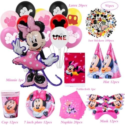 91pcs Disney Minnie Mouse Birthday Party Supplies Kids Faovr Sticker Cup Plate napkin Girl Party decoration Disposable Tableware