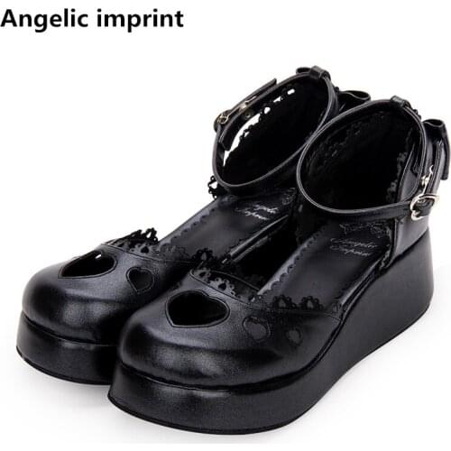 Angelic imprint woman mori girl lolita cosplay shoes lady mid wedges heels pumps women princess dress party shoes lovely hearts