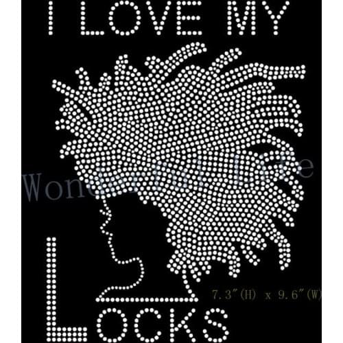 Free shipping I Love my Locks Afro Girl Rhinestone Transfer Design Iron on