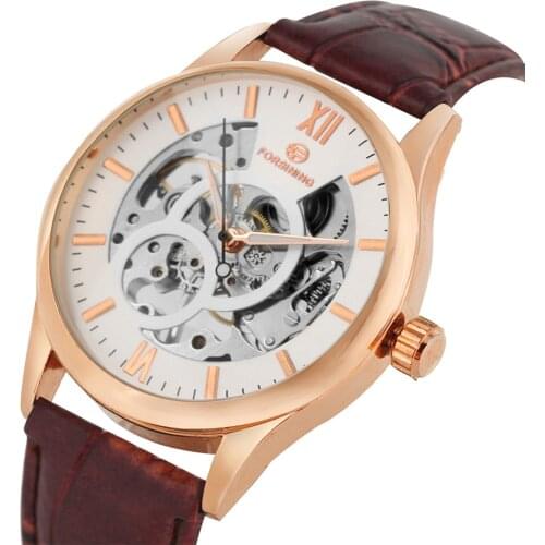 FORSINING Men Watch Hollow Skeleton Mechanical Hand Winding Wristwatch Genuine Leather Watch Strap Business Casual Male Watches