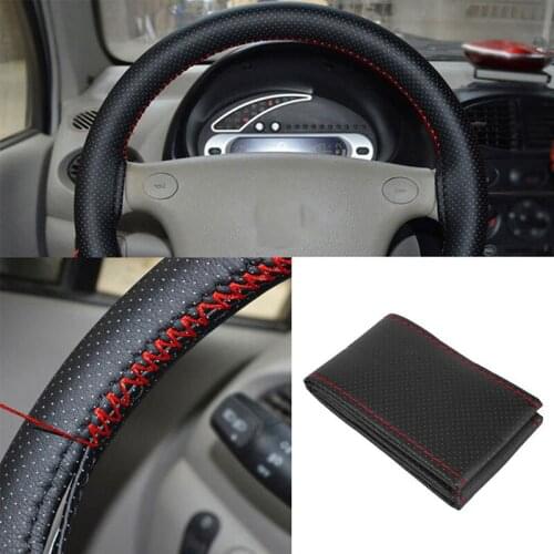 Black+Red PU Leather DIY Car Steering Wheel Cover 38cm With Needle And Thread