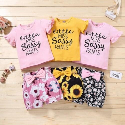 Kids Baby Girls Fashion 2-piece Outfit Set Short Sleeve Letter Print T-shirt+Floral Print Shorts Summer Clothes Set