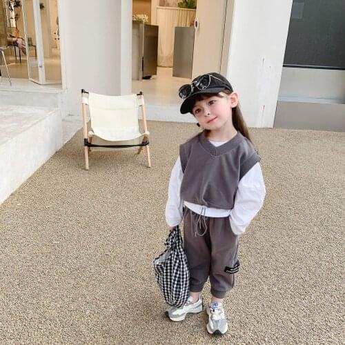 Childrens Autumn Korean Suit Girls' Sports Style Sleeveless Drawstring at Hem Sweater Vest Sweatpants Stylish Two-Piece Suit