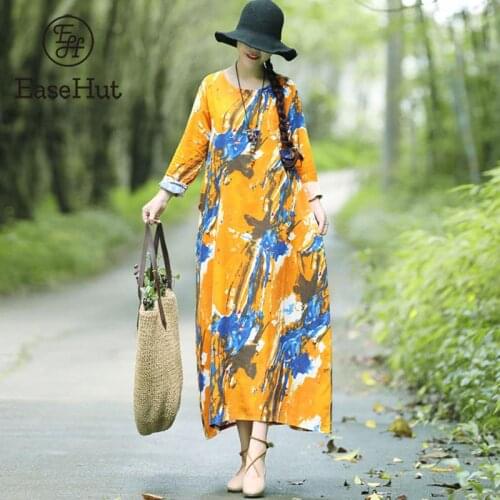 EaseHut Kaftan Printed Long Sleeve Dresses for Women Vintage Oversized Loose Mori Girl Cotton Linen Dress Maxi Long Vestidos