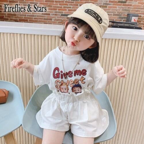 Summer Girls 2 Pcs Set Baby T Shirt + Bud Shorts Kids Suits Children Fashion Clothes Cute Cartoon Letter Print 1 To 6 Yrs