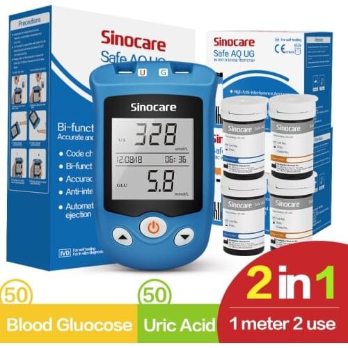 Sinocare Safe AQ UG mg/dL Blood Glucose & Uric Acid Meter & Glucose / Uric Strips for Diabetics Gout Glucose Meter Multi-package