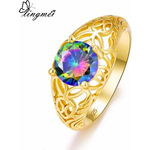 Lingmei Gorgeous Trendy Cocktail Party Zircon Jewelry Silver Color Yellow Gold Color Ring Size 6-9 Anniversary Wedding Rings