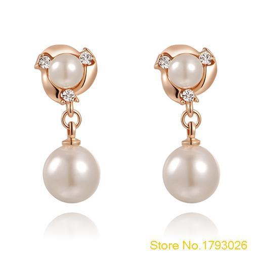 Fashion Gold-color Austrian Crystals Sweet Ladys Stud Faux Pearls Earrings 4TWG