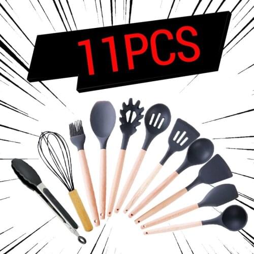 Silicone Kitchen Utensil Set of 11 Pieces with Natural Wood Handle for Cooking Non-Stick Cooking Supplies