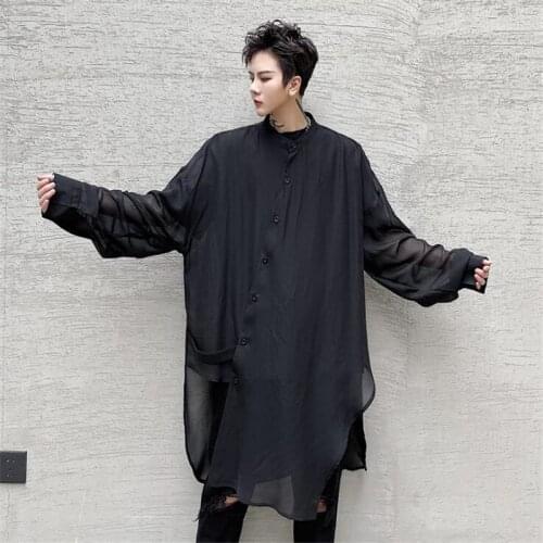 Oversized Chiffon Long Shirt Men Black Casual See-through Shirts Women Harajuku Sexy Irregular Blouse Chemise Homme