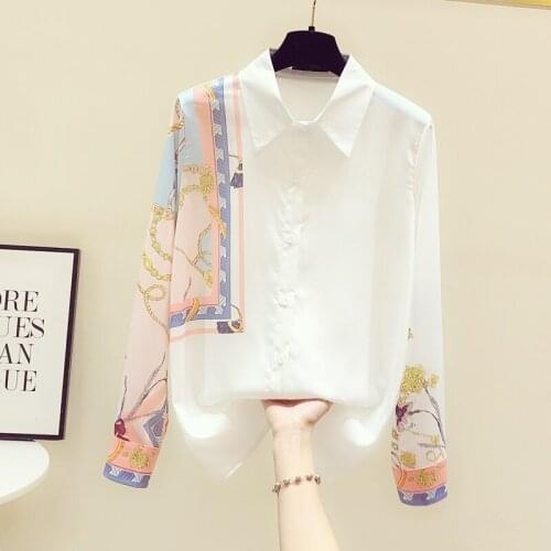 2021 Spring Chic womens high quality retro print Chiffon Shirts Fashiom white blouses Top C320