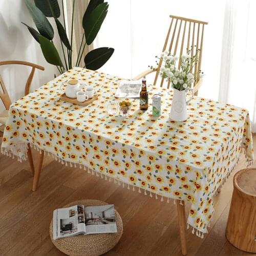 Sunflower Print Tablecloth Cotton Linen with Tassels Outdoor Wedding Party Home Table Cloth Furniture Dustproof Cover Manteles