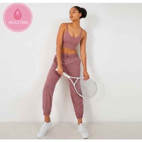 OzalCtree Sport Set Double Straps Running Bra Pockets Yoga Pants High Waist Sportswear Breathable Loose Casual Running Bottoms
