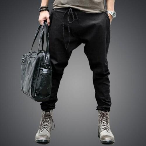2017 Spring New Unique Design Waist Rope Feet Pants Men England Low Fork Across Casual Pants Harem Pants K075