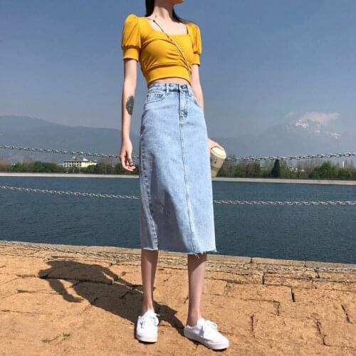 New 2021 Summer Vintage High Waist Tassel Slit Denim Skirt Female Korean Style A Line Blue Mid-calf Length Jeans Skirts Z105
