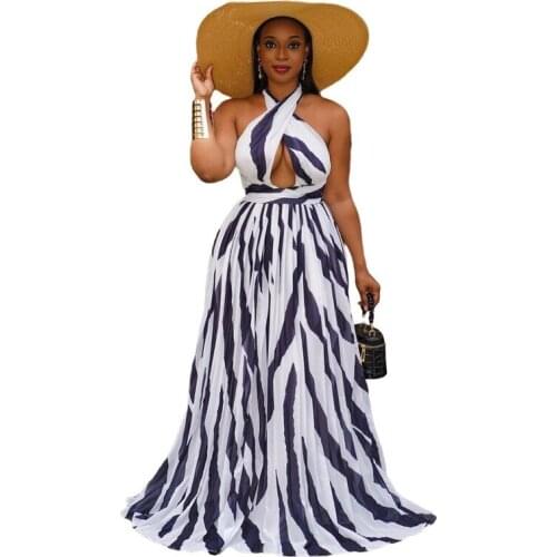 2021 Summer Striped Print Cross-wrapped Halter Long Jumpsuit Womens Elegant Sexy Halter Dress Womens Beach Robe Hobo Dress New