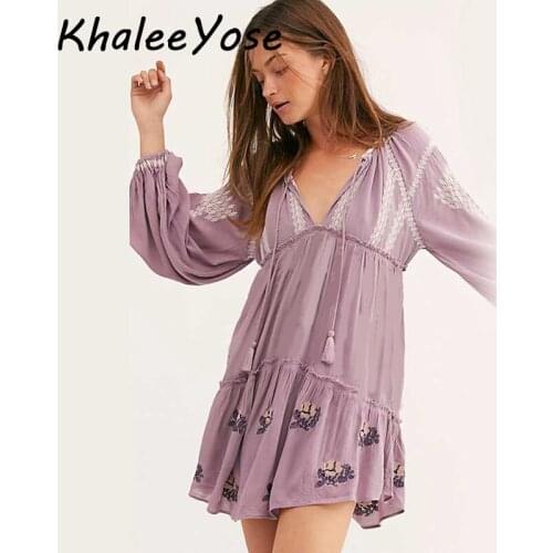 KHALEE YOSE Wild Horse Embroidered Mini Dress Summer Autumn Holiday Boho Women Dresses Tie Up Tassles Party Dress Female 2020