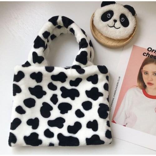 066F New Women Plush Handbag Cow Pattern Bag Ladies Fashion Cartoon Tote Bags Casual Purses