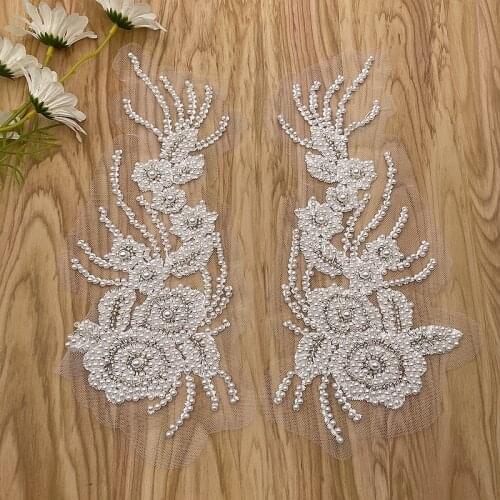 1pair pearl beaded embroidery lace appliques for wedding dresses Rhinestone lace applique patches Embroidery lace parches ropa