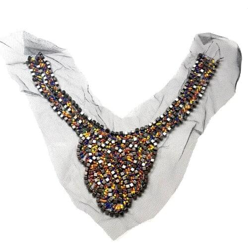 1Pcs DIY Handmade Heavy Beaded Lace Collar Applique Nude Fake Collar Vintage Collar Applique LSHB582