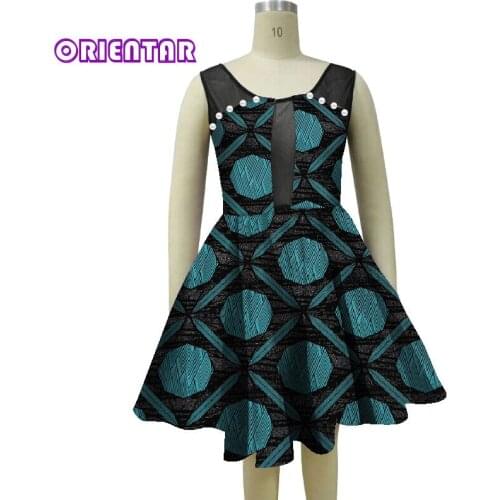 African Women Dresses Sexy Sleeveless Lace African Print Short Dress with Pearl Bazin Riche Cotton Dress Lady Party Dress WY4827