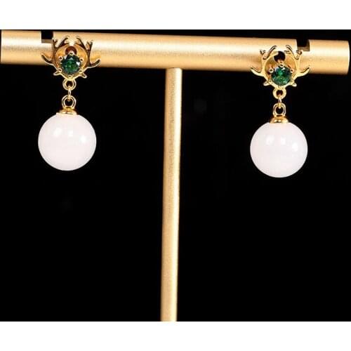 2021 New S925 Silver Gold-plated Inlaid Natural Hetian Jade White Jade Antler Earrings Fashion Simple Womens Earrings