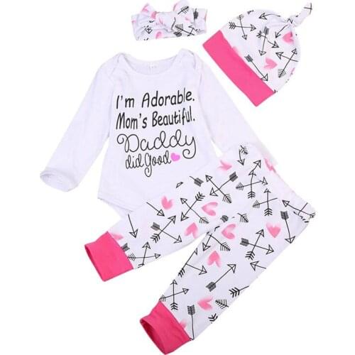 Autumn Winter Cute Newborn Baby Girls Clothes Cotton Tops Long Sleeve Romper Leggings Pants Hat Outfits Set 4pcs