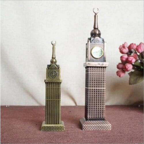 Antique Bronze Mecca Clock Tower Statue Metal Model Zinc Alloy Clock Tower Saudi Arabia Figurine World Landmark Architecture