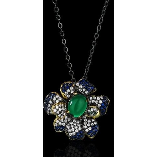 Fashion Retro Ethnic Flower Clavicle Chain Green Translucent Zircon Pendant 925 Silver Womens Jewelry Sweater Chain
