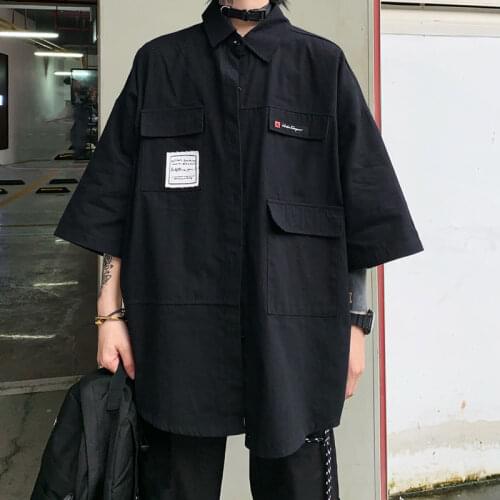 HOUZHOU Black Hippie Shirt Harajuku Hip Hop Korean Fashion Oversize Streetwear Women Button Up Short Sleeve Ladies Blouse Summer