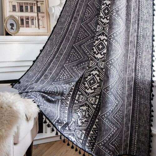 Black Geometric Print Cotton And linen Tassel Bohemian Semi-Shading Style Kitchen Curtain Country Style Bedroom Window
