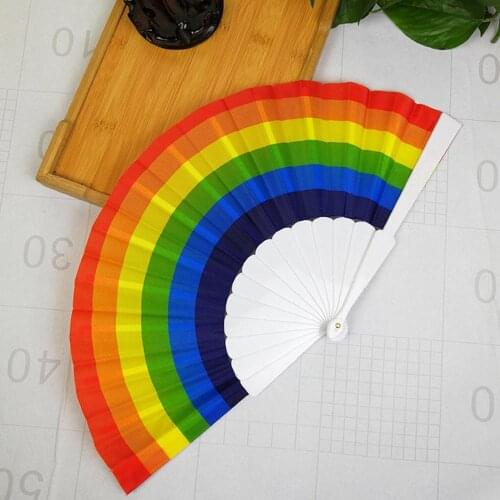 Colorful Rainbow Hand Fan Dance Fan Bamboo Bones Dacron Fan Natural Bright Color Home Decoration @X