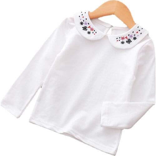 Spring Autumn New Children Kids Girls Fashion Floral Embroidery Long Sleeve Peter Pan Collar Cotton T-Shirt White Basic Top Tees