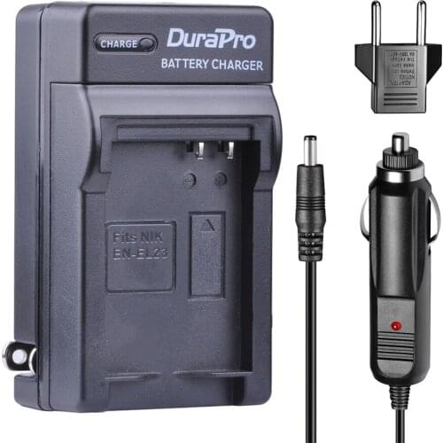 DuraPro 1pc Car Charger Wall Charger + EU Plug Kit For Nikon EN-EL23 ENEL23 EN EL23 COOLPIX P900 P610 P600 B700 Digital Camera