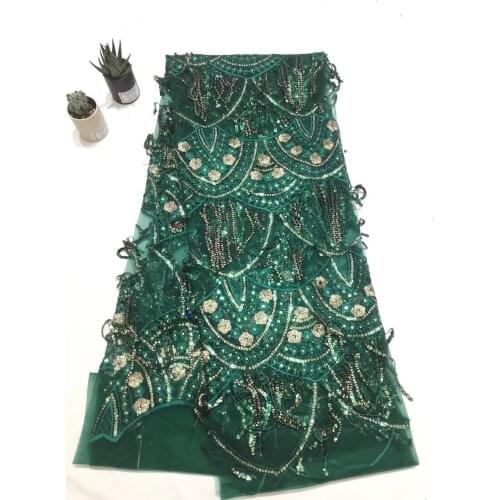 Elegant Green Embroidered French Lace Fabrics Sequins Tulle Mesh Lace Fabrics Appliqued Lace Material For Party Dress FJ2781