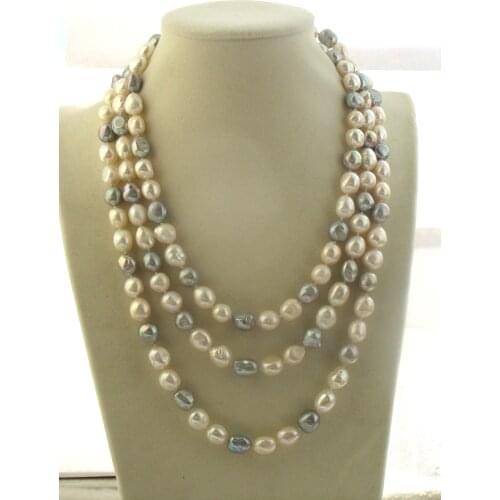 Frershwater pearl white and gray baroque 8-10mm long necklace 60inch wholesale beads nature FPPJ woman 2018