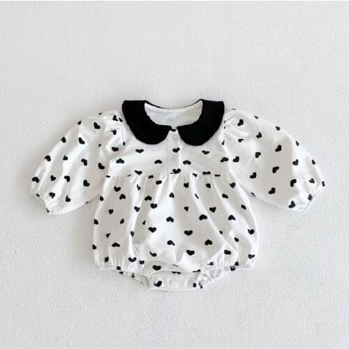 New Born Baby Bodysuit for Girl Fashion Print Peter Pan Collar Rompers Playsuits 2021 Autumn New Long Sleeve Kids Clothes
