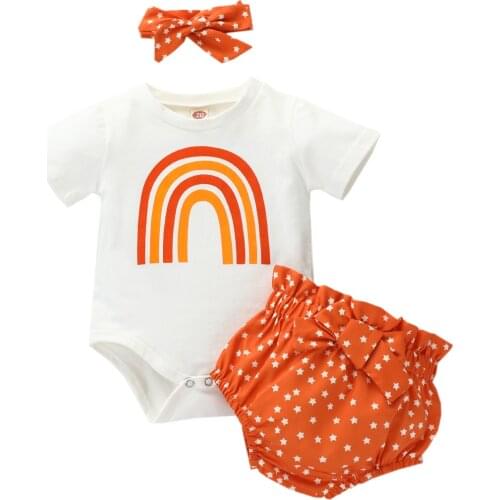 0-24M Newborn Infant Girls 3 Pcs Outfits, Rainbow Printed Romper Top + Star Short Pant + Bowknot Headband Clothes Sets