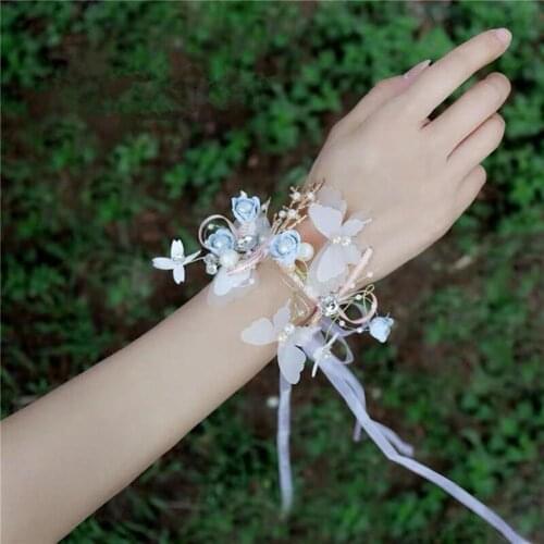 Wrist Corsage Crystal Groom Boutonniere Wedding Handmade Flower Rose Bridesmaid Wrist Corsage