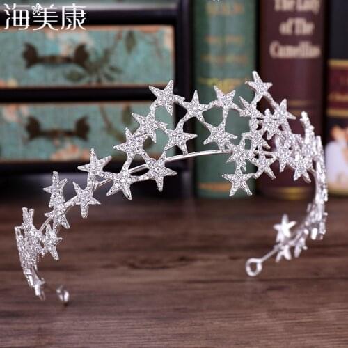 Haimeikang Fashion Silver Starry Crystal Tiara Wedding Bridal Crown Ladies Headdress Princess Queen Hair Jewelry Accessories
